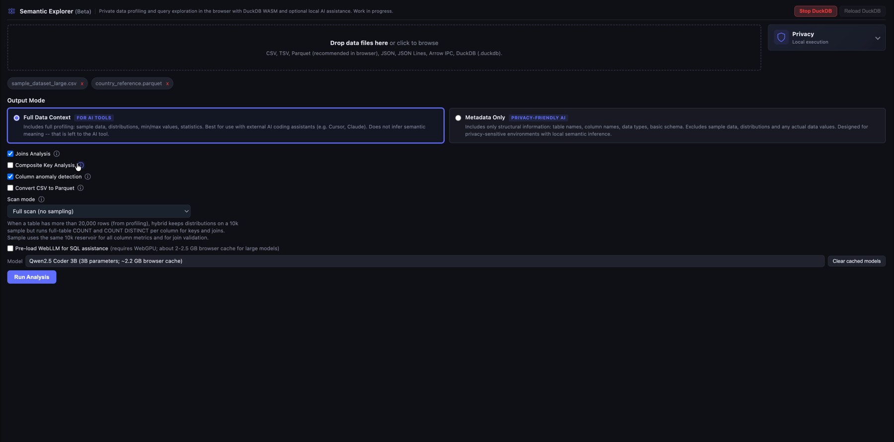 Upload files and analysis options