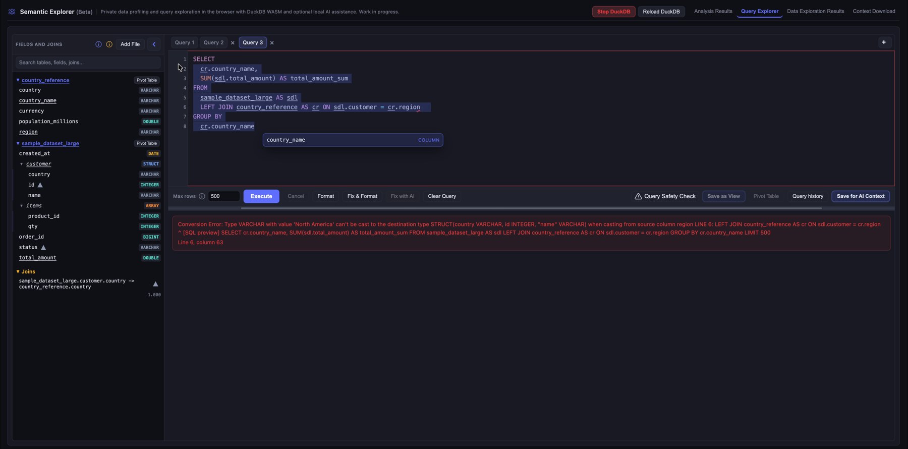 Query error feedback